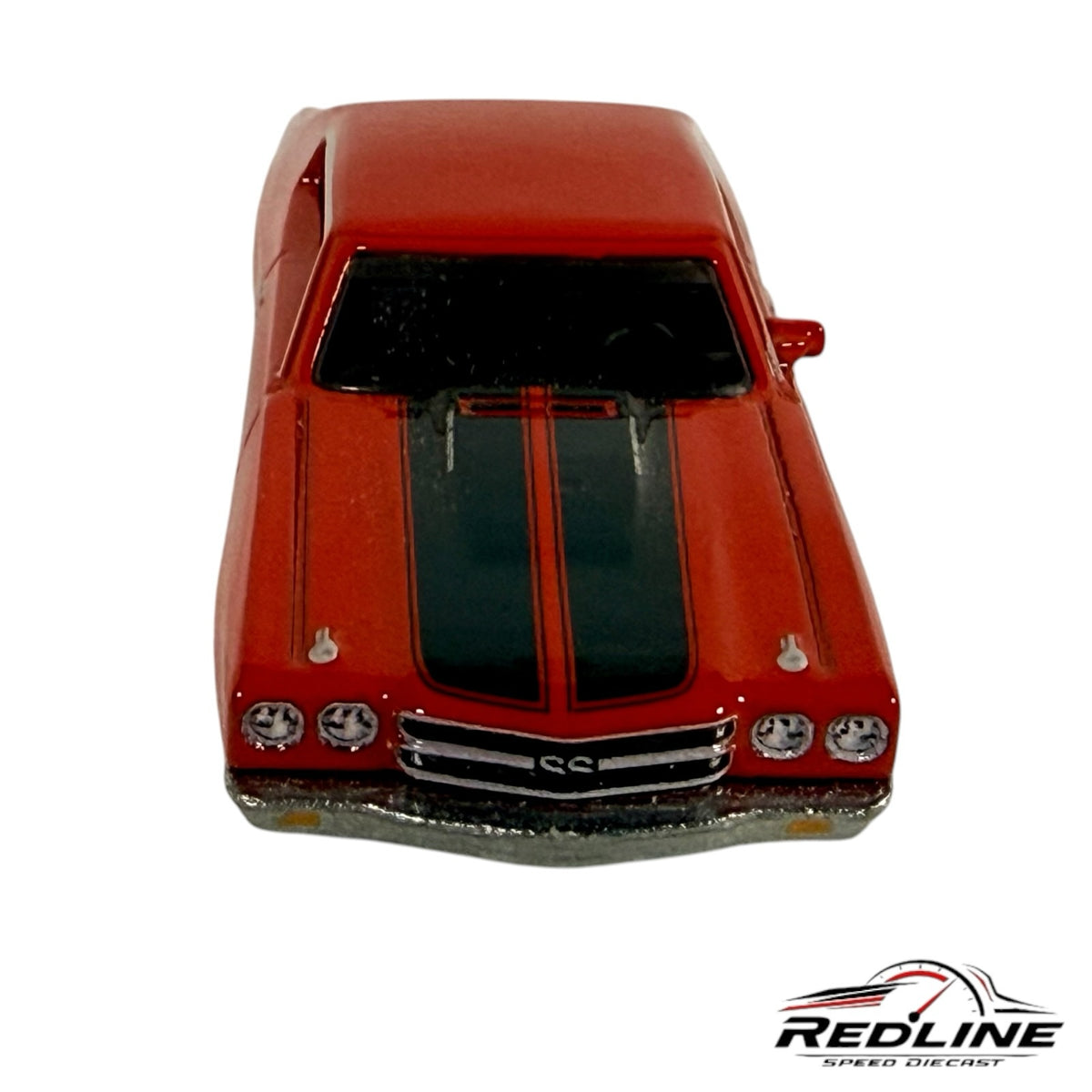 Redline Speed Diecast 1970 Chevrolet Chevelle SS model car in glossy red with black racing stripes, front view.