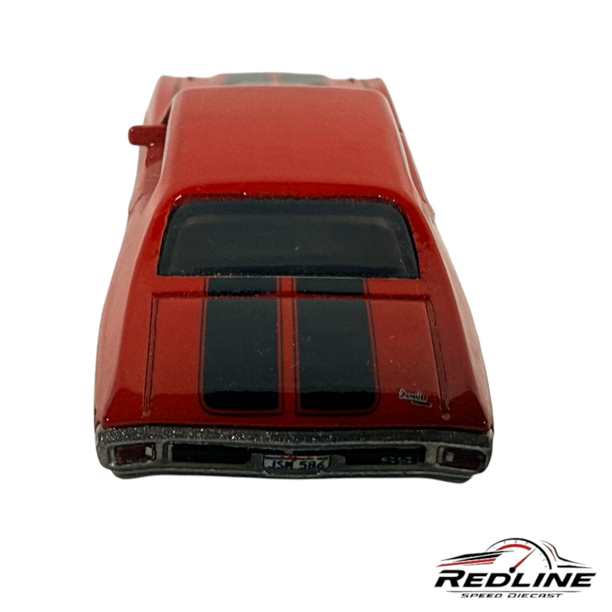 Redline Speed Diecast 1970 Chevrolet Chevelle SS muscle car model in red with black racing stripes, rear view
