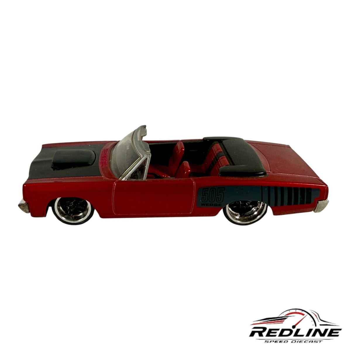 Redline Speed Diecast 1:64 scale red convertible muscle car model with black racing stripes and 505 Wedge branding.