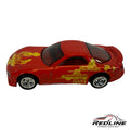Redline Speed Diecast 1:64 scale red 1995 Mazda RX-7 model car with yellow custom racing graphics and chrome wheels
