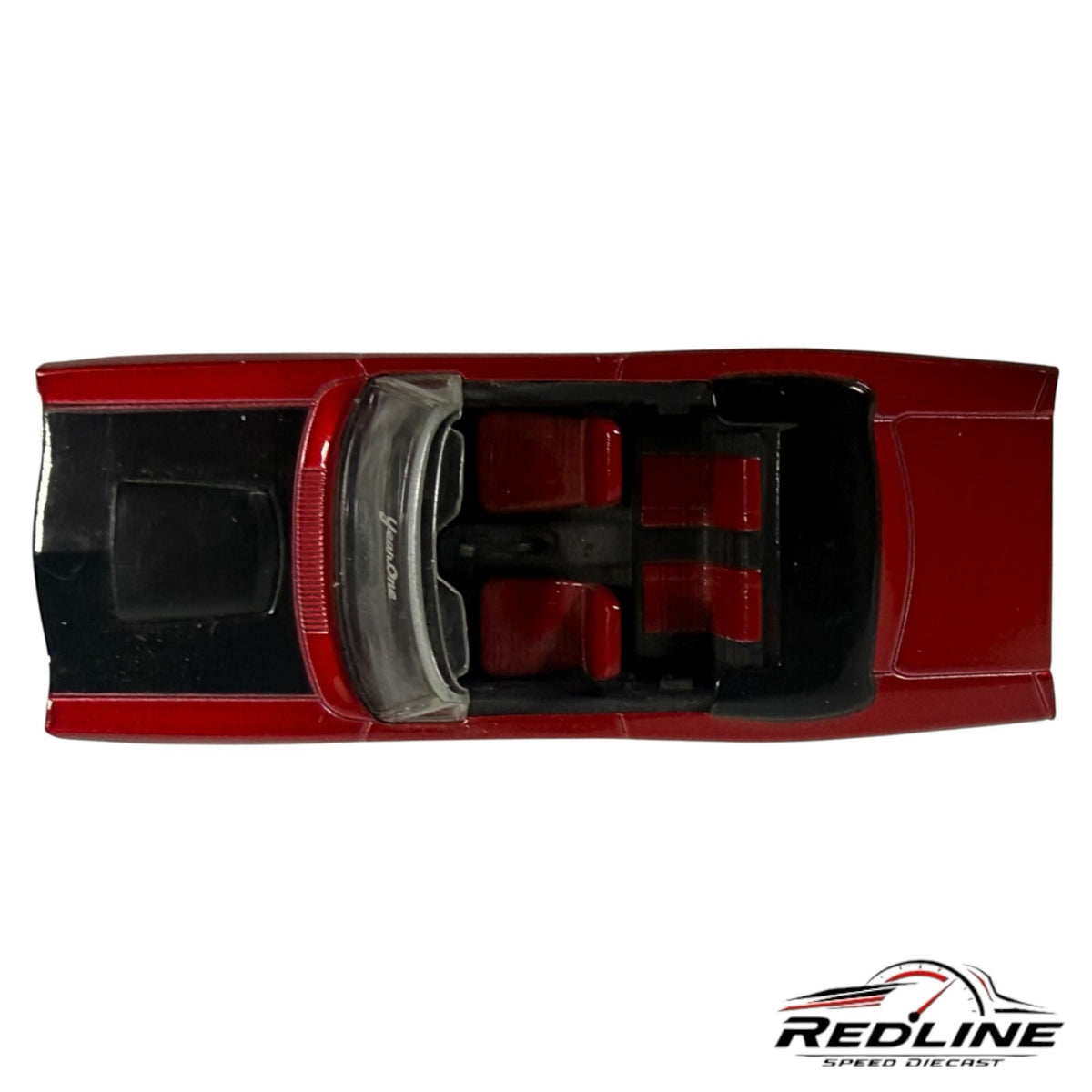 Redline Speed Diecast 1:64 scale red muscle car convertible with black hood scoop and detailed interior top view