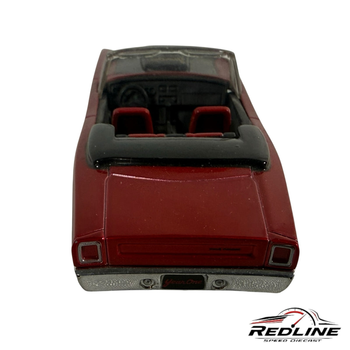 Redline Speed Diecast 1:64 scale red muscle car convertible with black interior and YearOne branding, rear view.