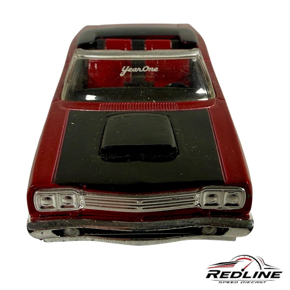Redline Speed Diecast 1:64 scale red and black muscle car convertible model with hood scoop and YearOne windshield logo