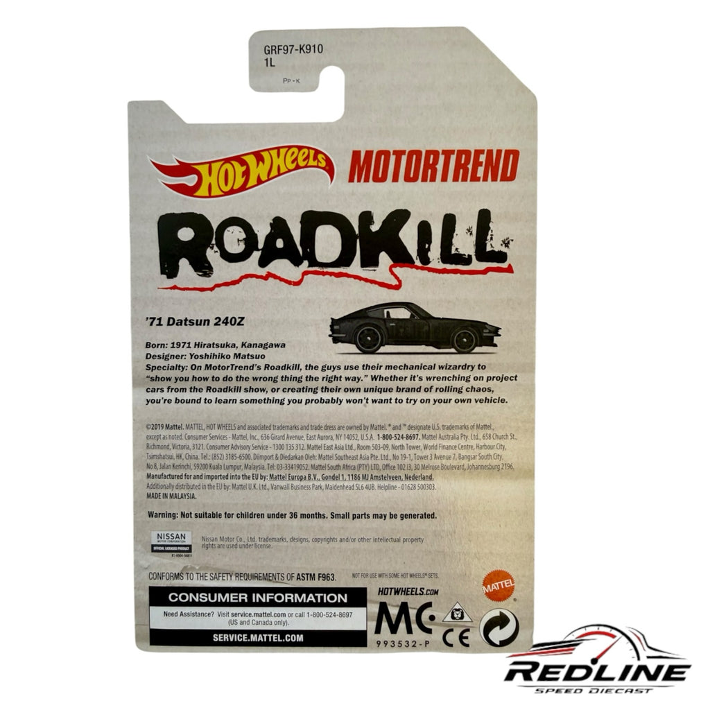 Redline Speed Diecast Hot Wheels Roadkill Datsun 240Z blister card packaging back view with technical specifications