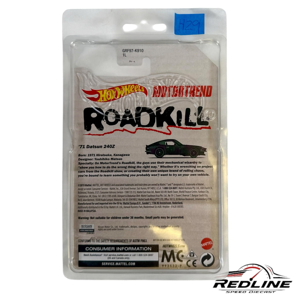 Redline Speed Diecast Hot Wheels Roadkill Datsun 240Z blister pack packaging with detailed project car information
