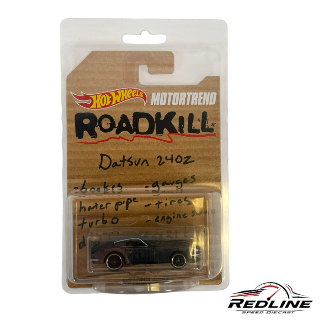 Redline Speed Diecast Hot Wheels Roadkill Datsun 240Z in distressed packaging with handwritten repair notes