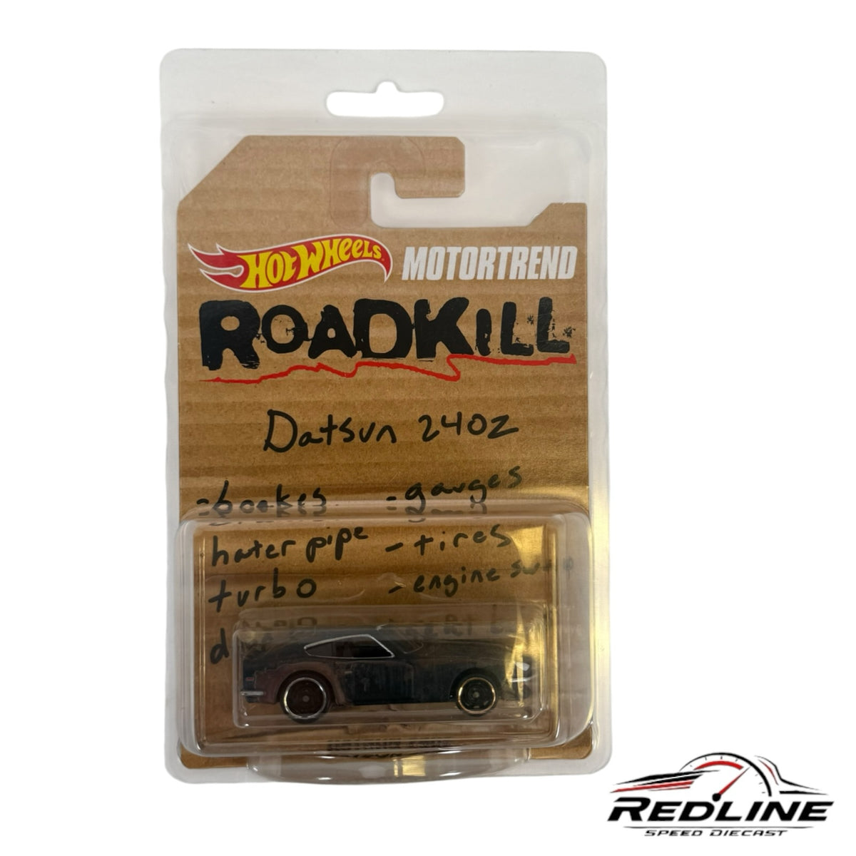 Redline Speed Diecast Hot Wheels Roadkill Datsun 240Z in distressed packaging with handwritten repair notes