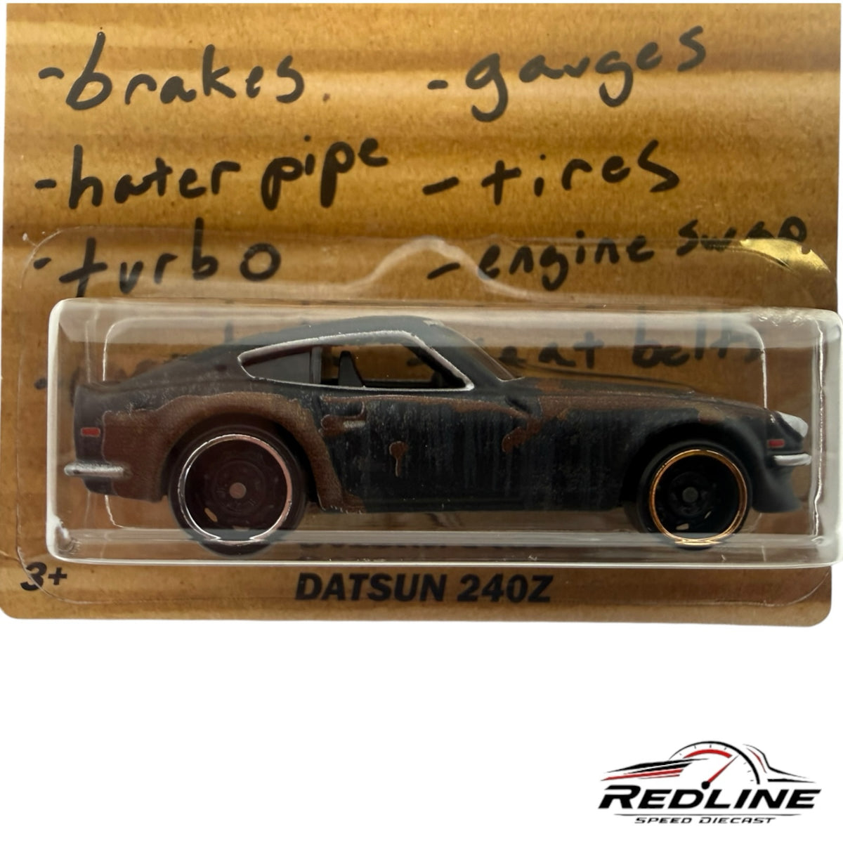 Redline Speed Diecast Hot Wheels Roadkill Datsun 240Z with a distressed, weathered finish in blister packaging.