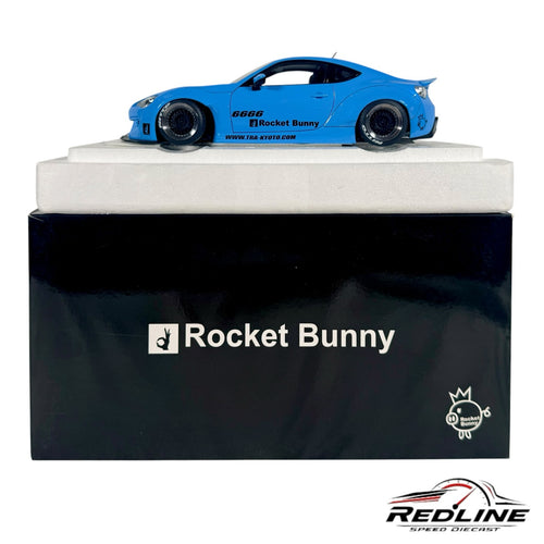 Redline Speed Diecast blue Rocket Bunny widebody sports car model with flared fenders on a display base