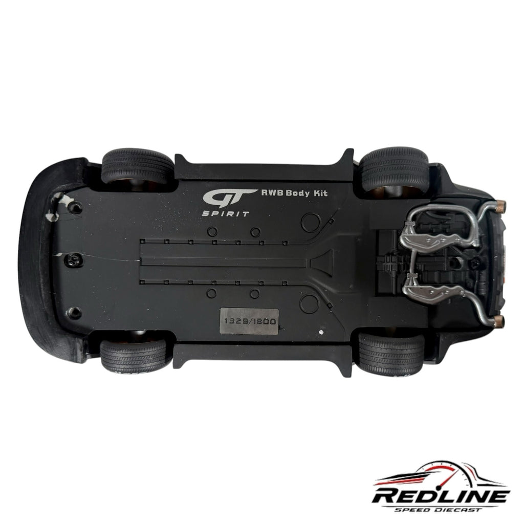 Underside view of Redline Speed Diecast 1:18 scale RWB Porsche model showing chassis, exhaust, and limited edition tag