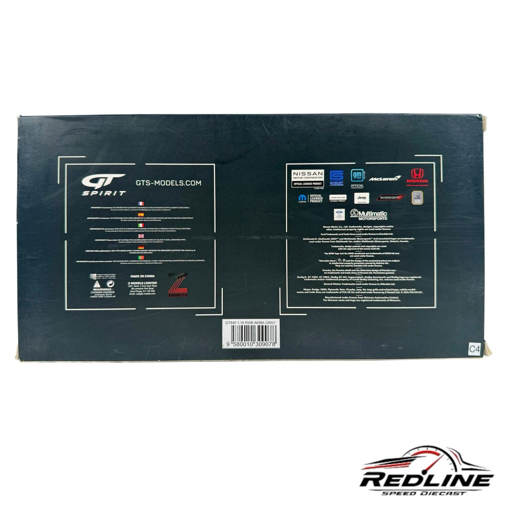 Redline Speed Diecast GT Spirit RWB Porsche 1:18 scale model car packaging box back view with branding and logos