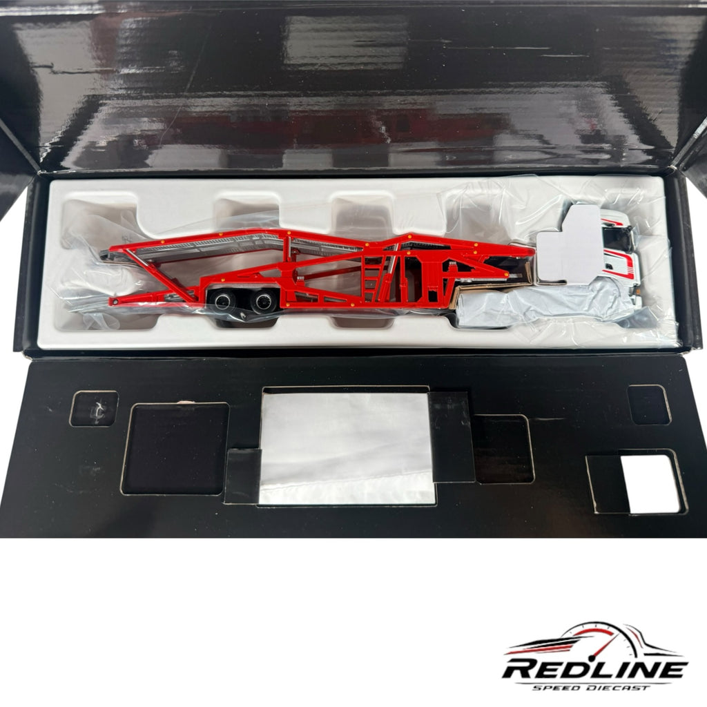 Redline Speed Diecast Hot Wheels Elite 64 Scania 770 S car hauler in white and red inside collector packaging