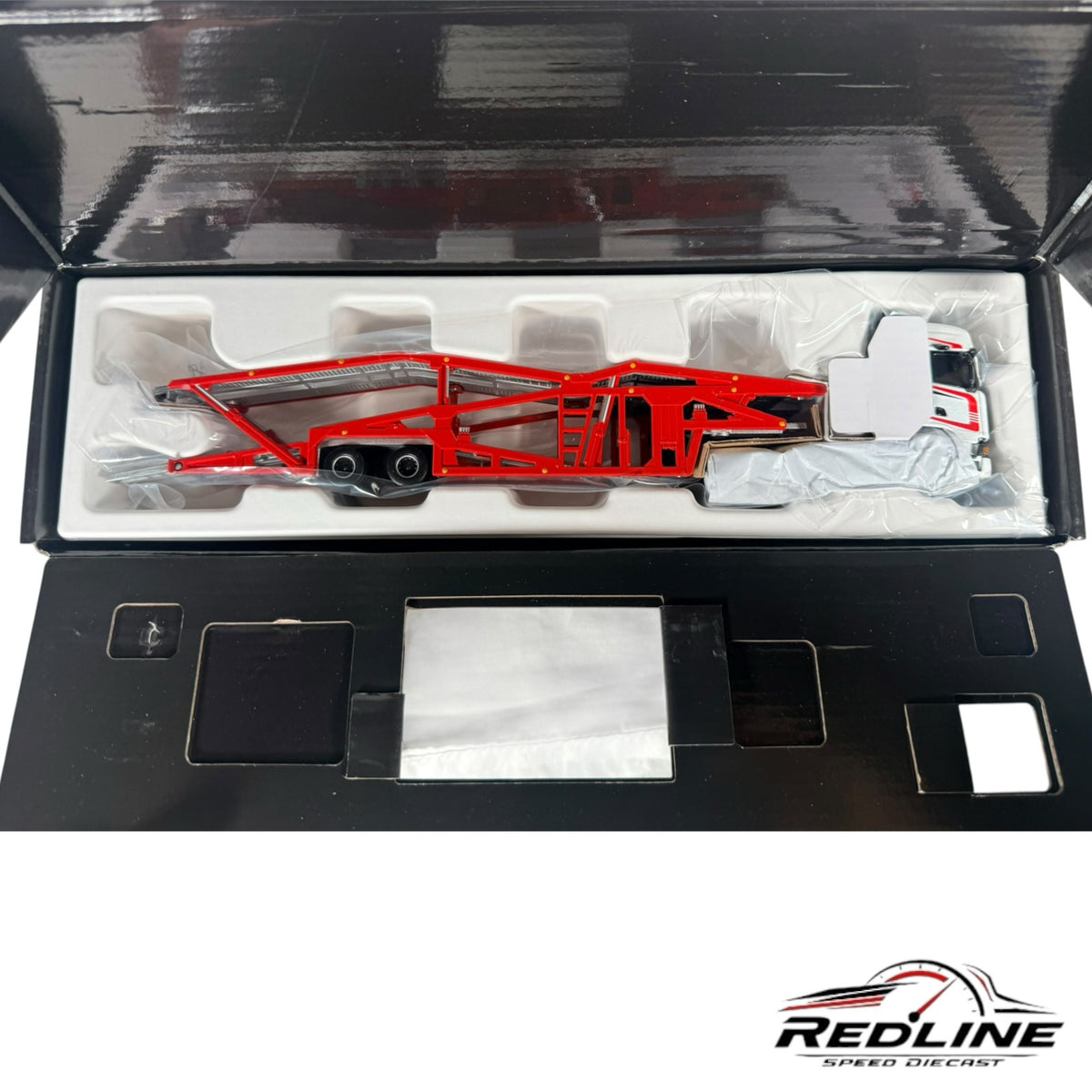 Redline Speed Diecast Hot Wheels Elite 64 Scania 770 S car hauler in white and red inside collector packaging