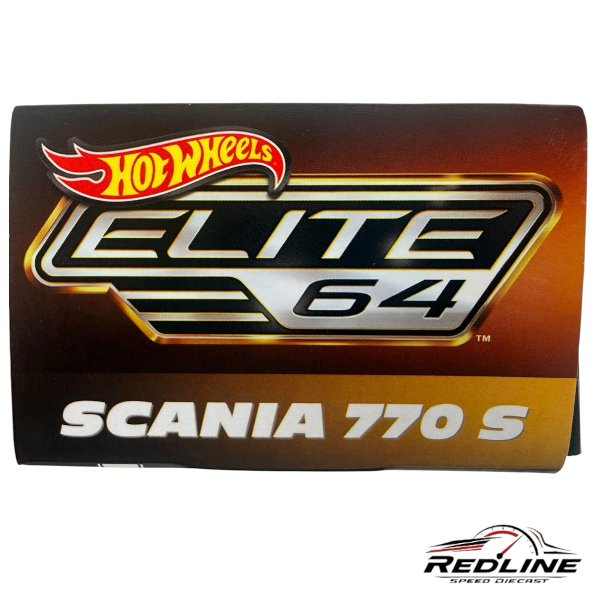 Redline Speed Diecast Hot Wheels Elite 64 Scania 770 S collector box packaging with metallic gold and black branding