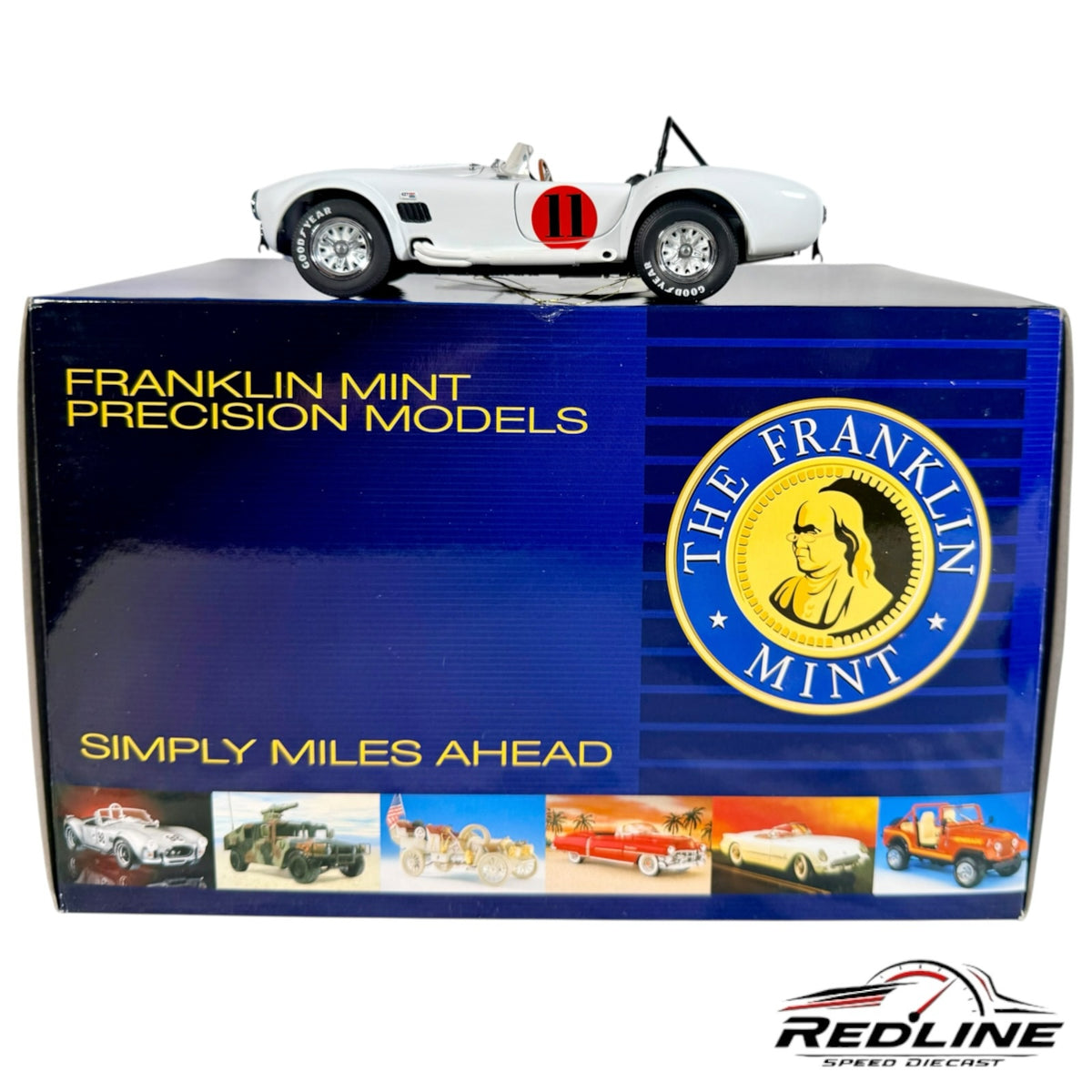 Redline Speed Diecast Franklin Mint Shelby Cobra 1:24 scale model car in white with red racing number 11 on display box