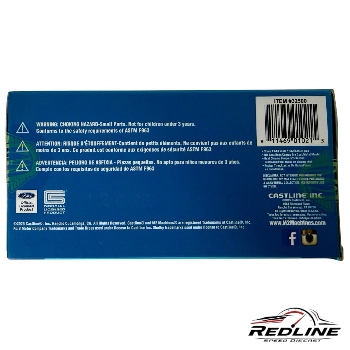 Redline Speed Diecast packaging back view for the limited edition 1965 Shelby 427 Cobra die-cast model.