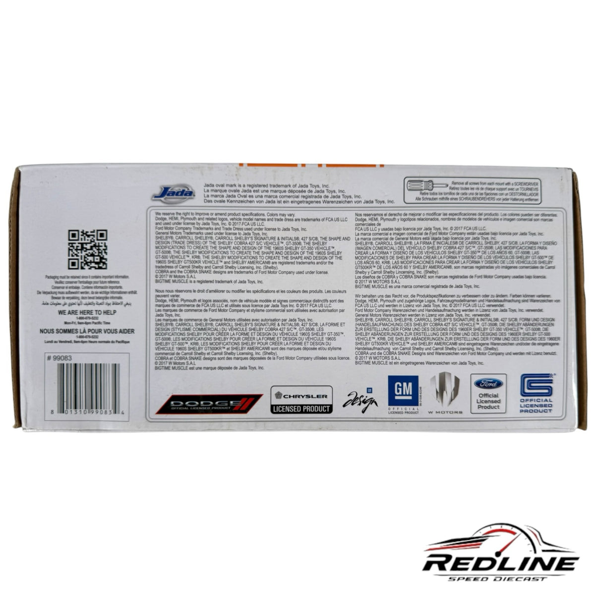 Redline Speed Diecast packaging back view for 1965 Shelby Cobra 427 model with official licensing information