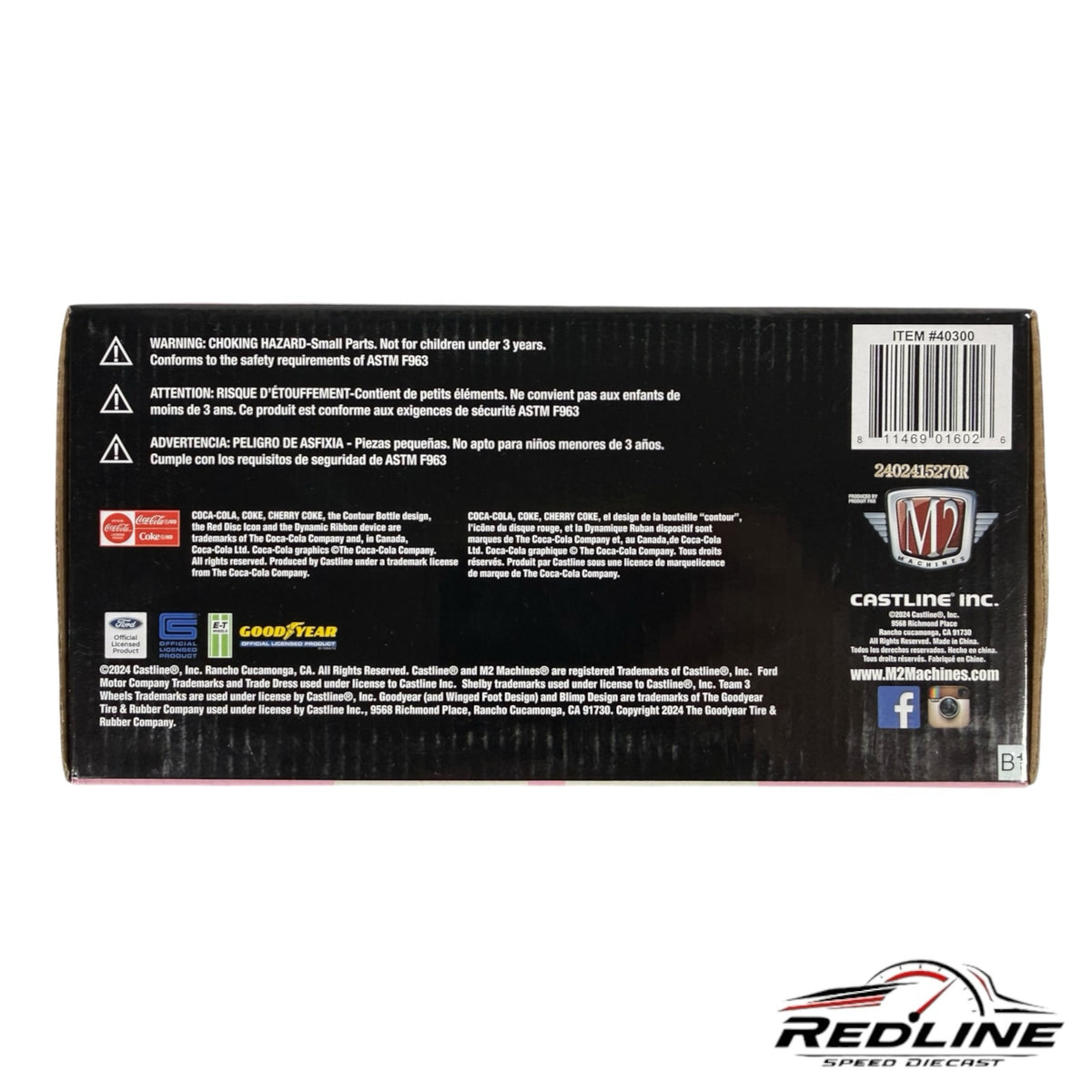 Redline Speed Diecast M2 Machines 1966 Shelby G.T.350 Cherry Coke edition packaging back view with safety warnings