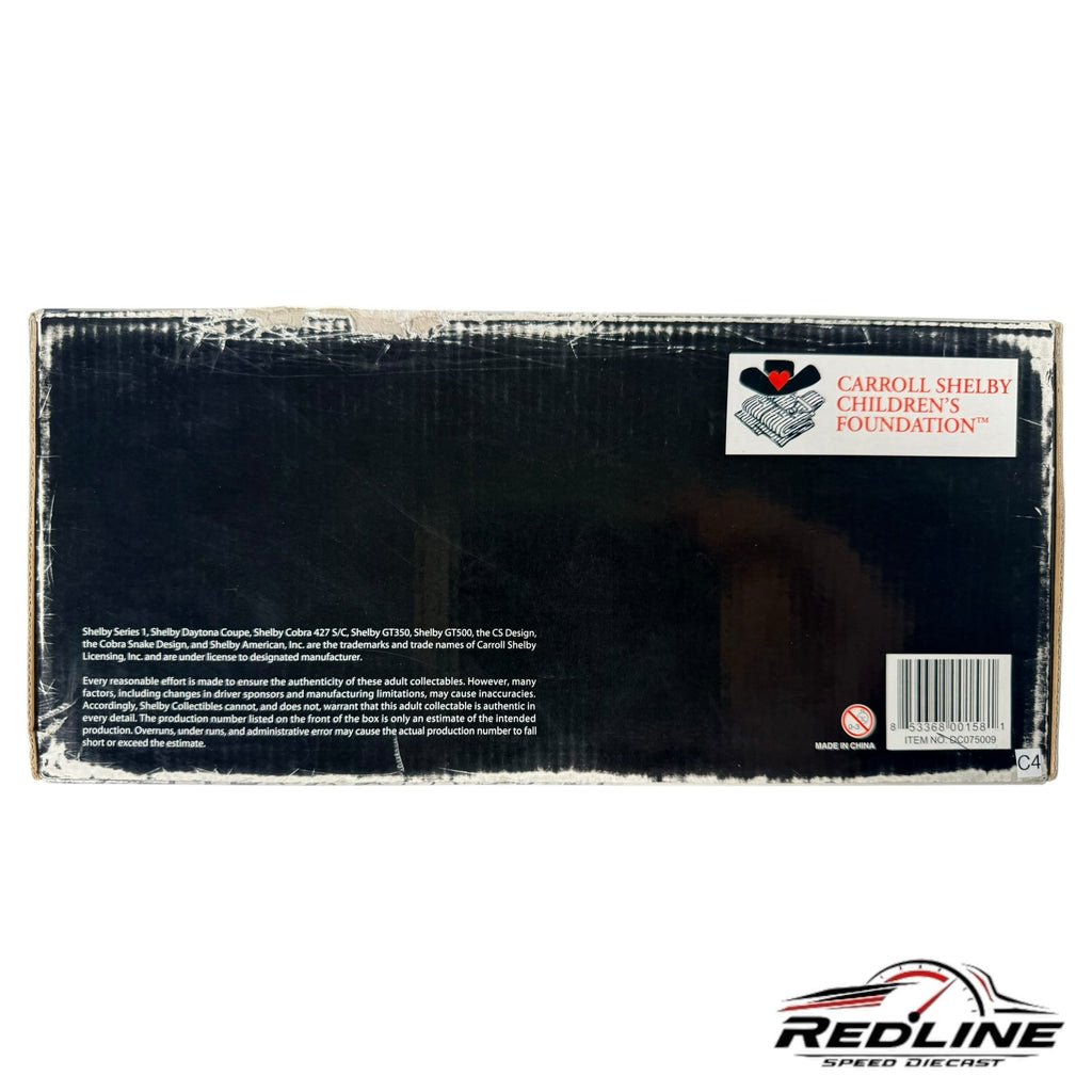 Redline Speed Diecast 2007 Shelby GT500 model car packaging box with Carroll Shelby Children's Foundation logo