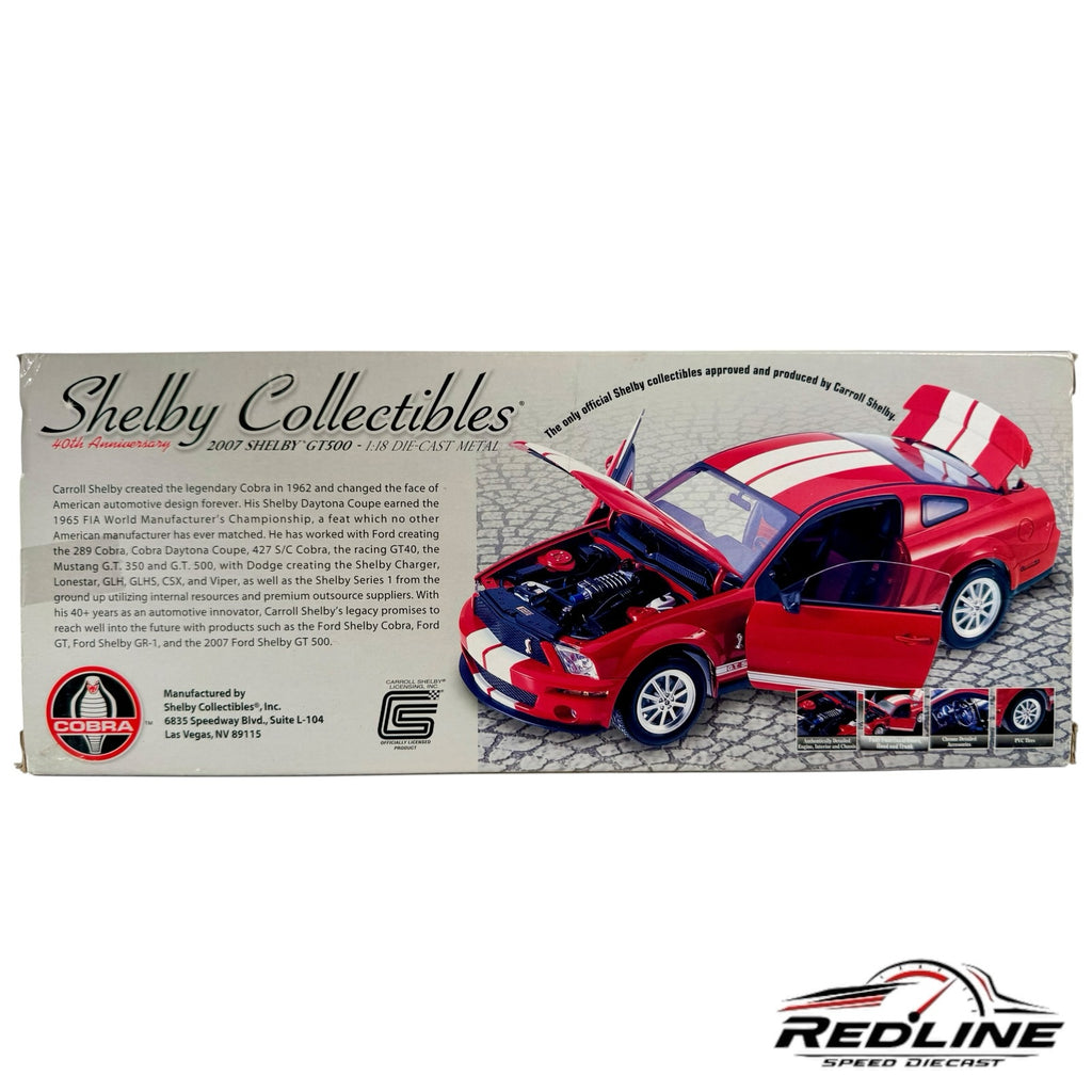 Redline Speed Diecast 1:18 scale 2007 Shelby GT500 model car box featuring a red Mustang with white racing stripes