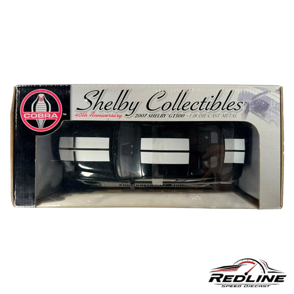 Redline Speed Diecast 1:18 scale 2007 Shelby GT500 model car in black with white racing stripes in original packaging
