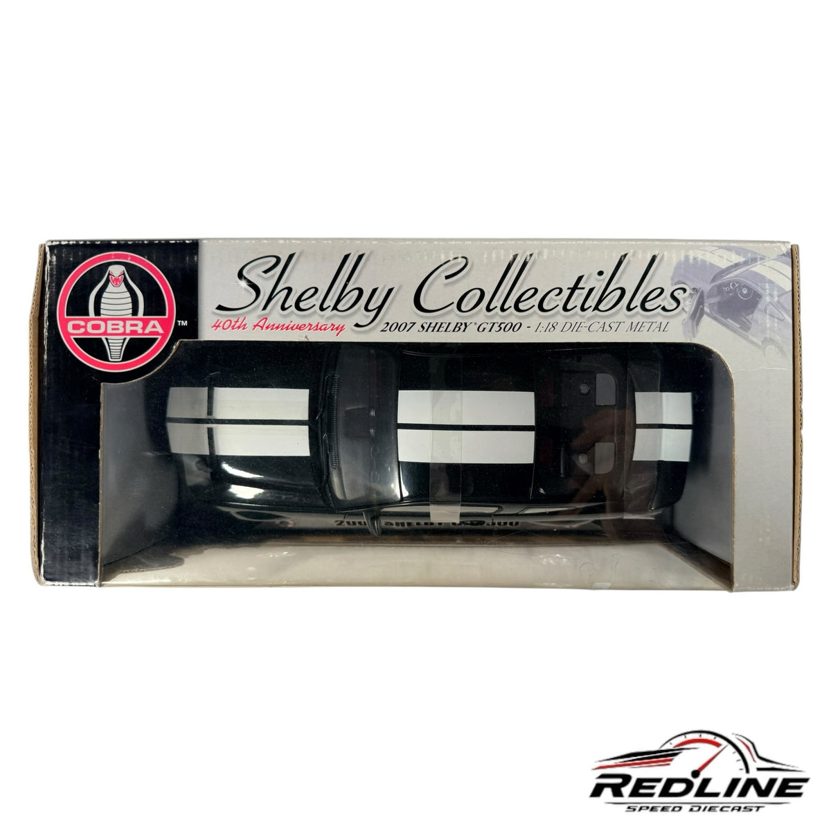 Redline Speed Diecast 1:18 scale 2007 Shelby GT500 model car in black with white racing stripes in original packaging