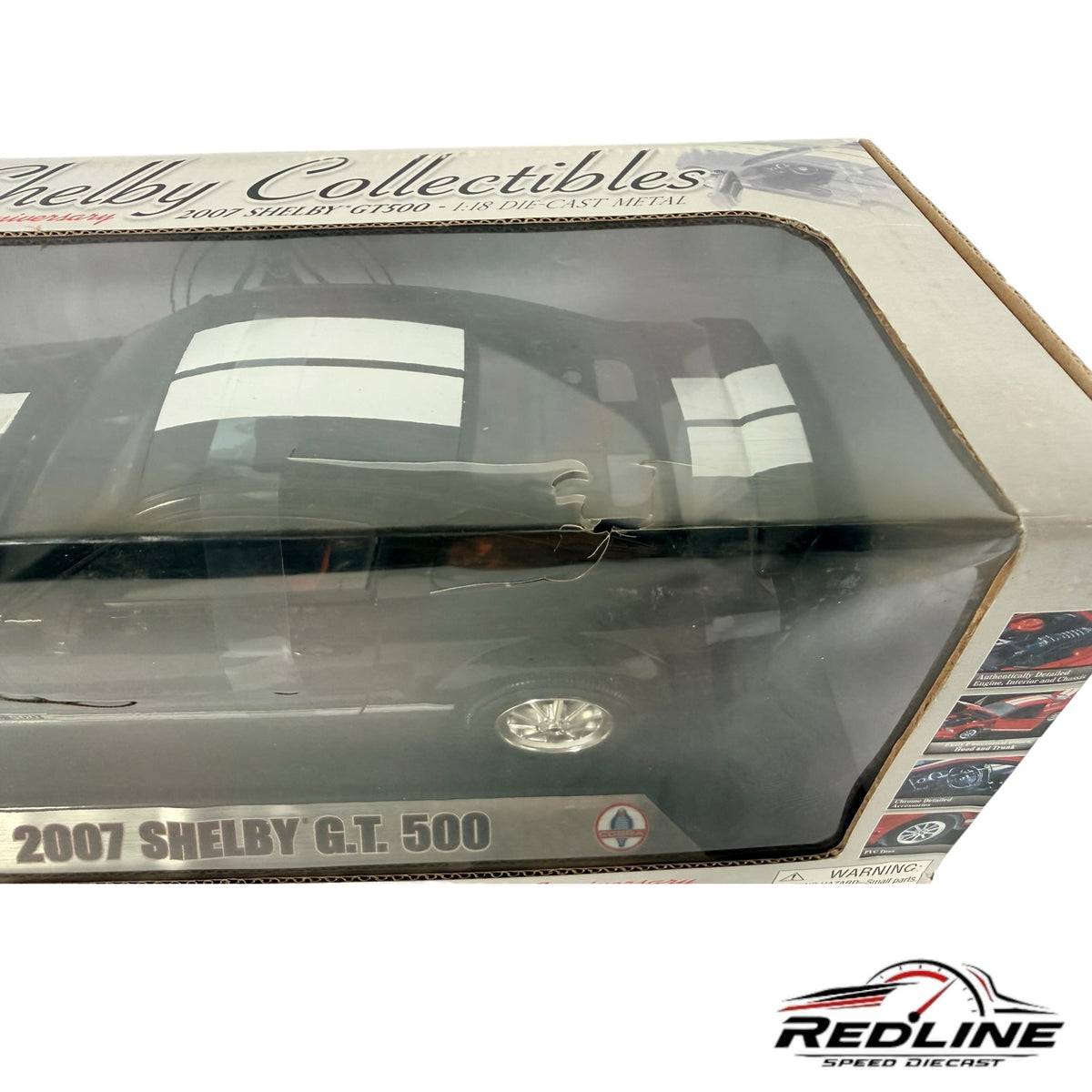 Redline Speed Diecast 1:18 scale 2007 Shelby GT500 model car in black with white racing stripes in original packaging