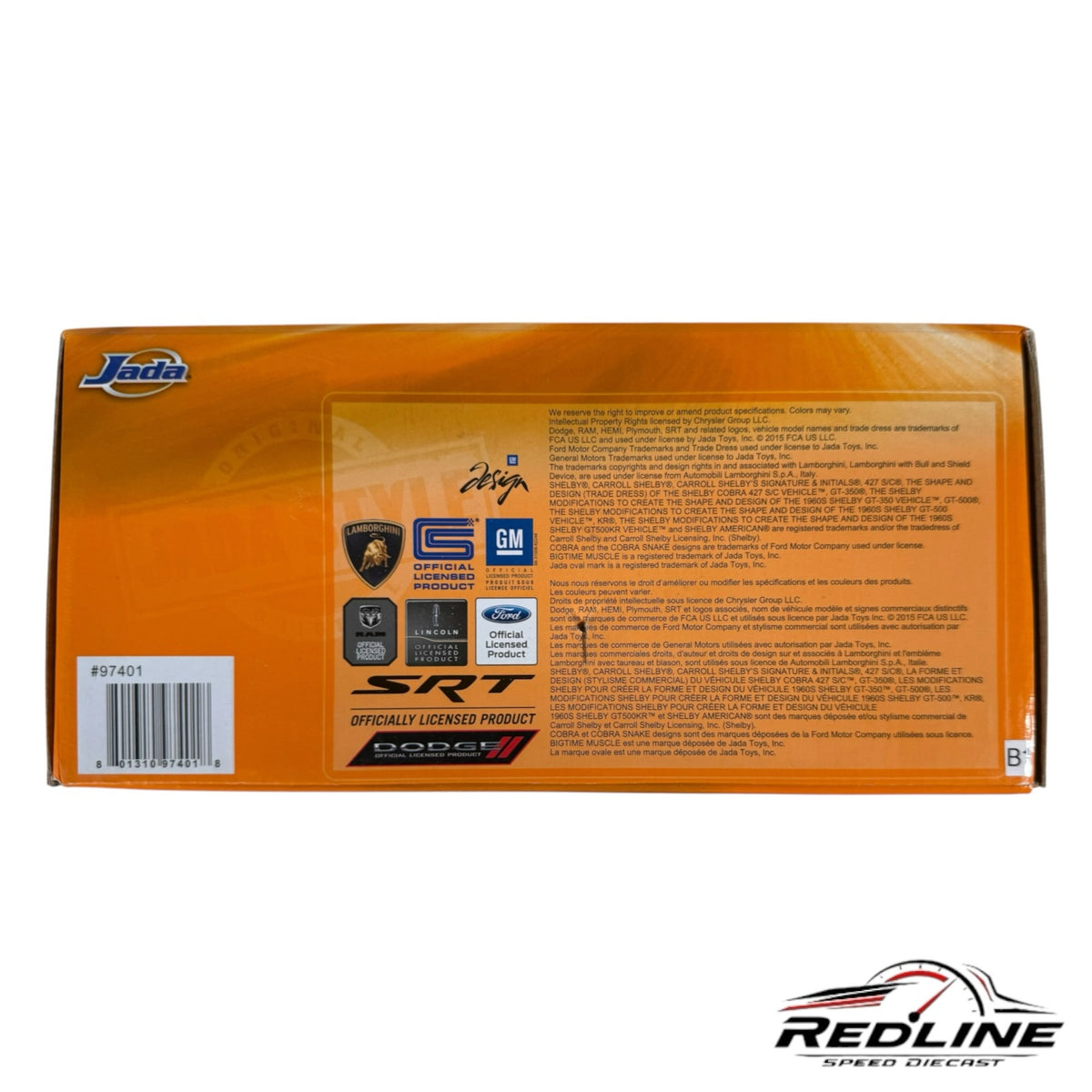 Redline Speed Diecast packaging back view for Jada Toys 1967 Shelby GT-500 model with official licensing logos