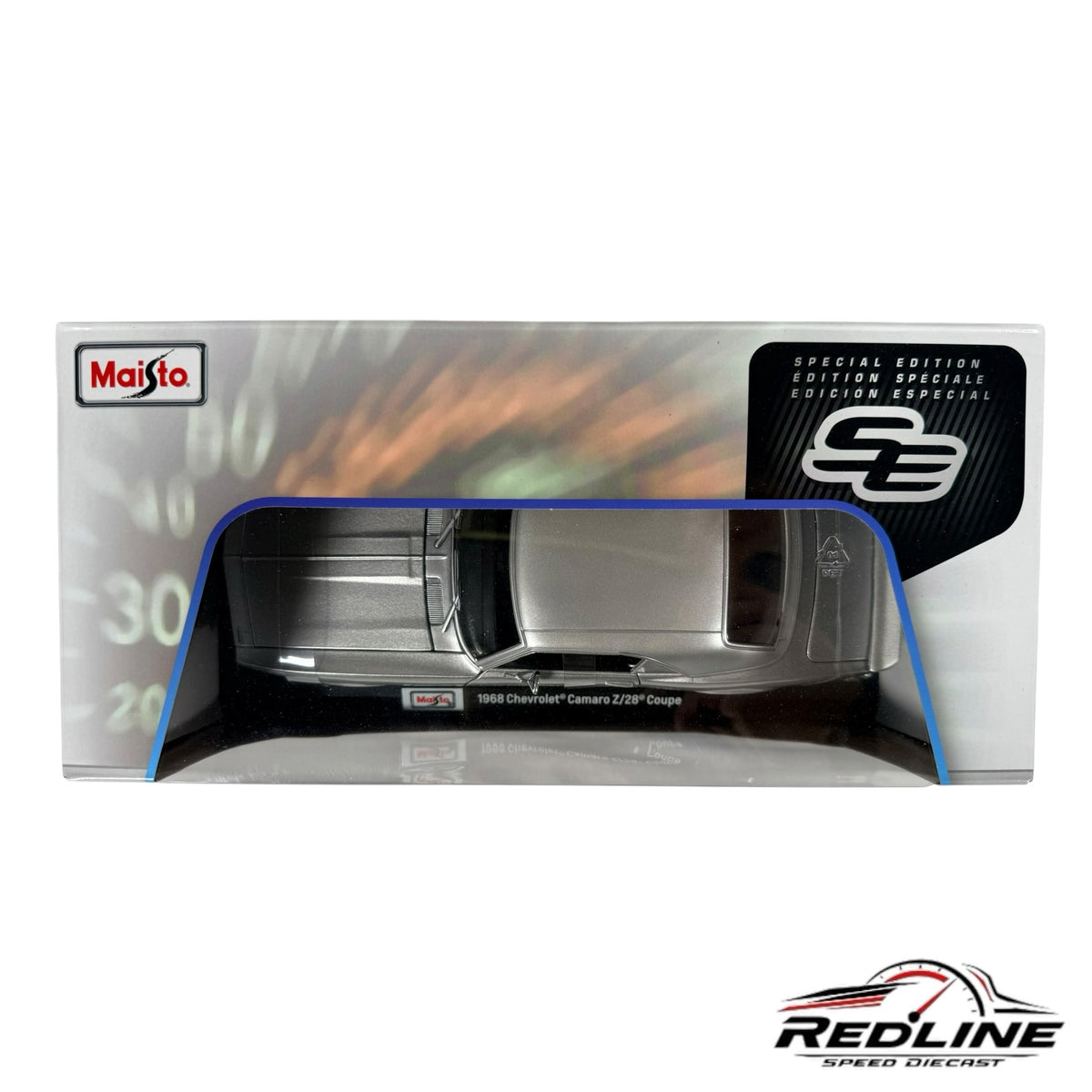 Redline Speed Diecast 1:18 scale metallic silver 1968 Chevrolet Camaro Z/28 model car in original display box