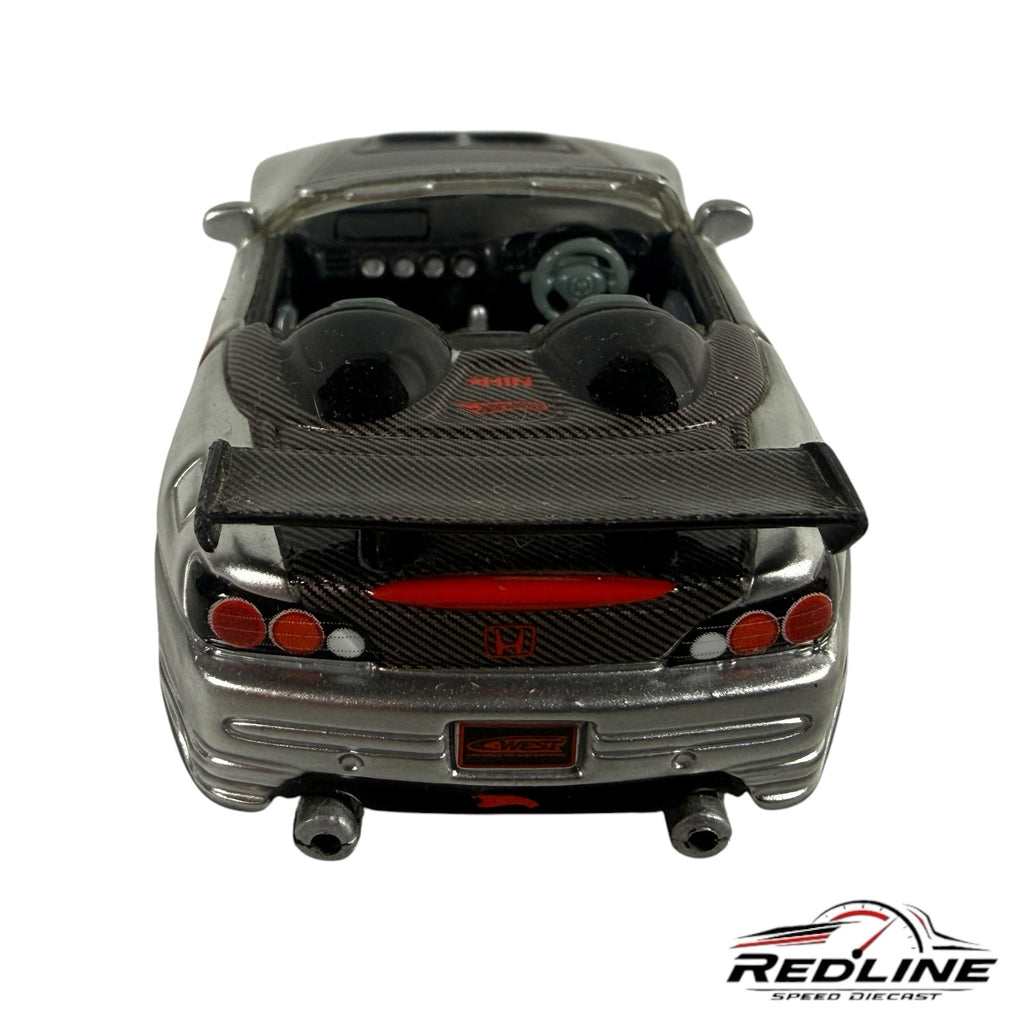 Redline Speed Diecast silver Honda S2000 convertible model with carbon fiber rear deck lid and large racing wing.