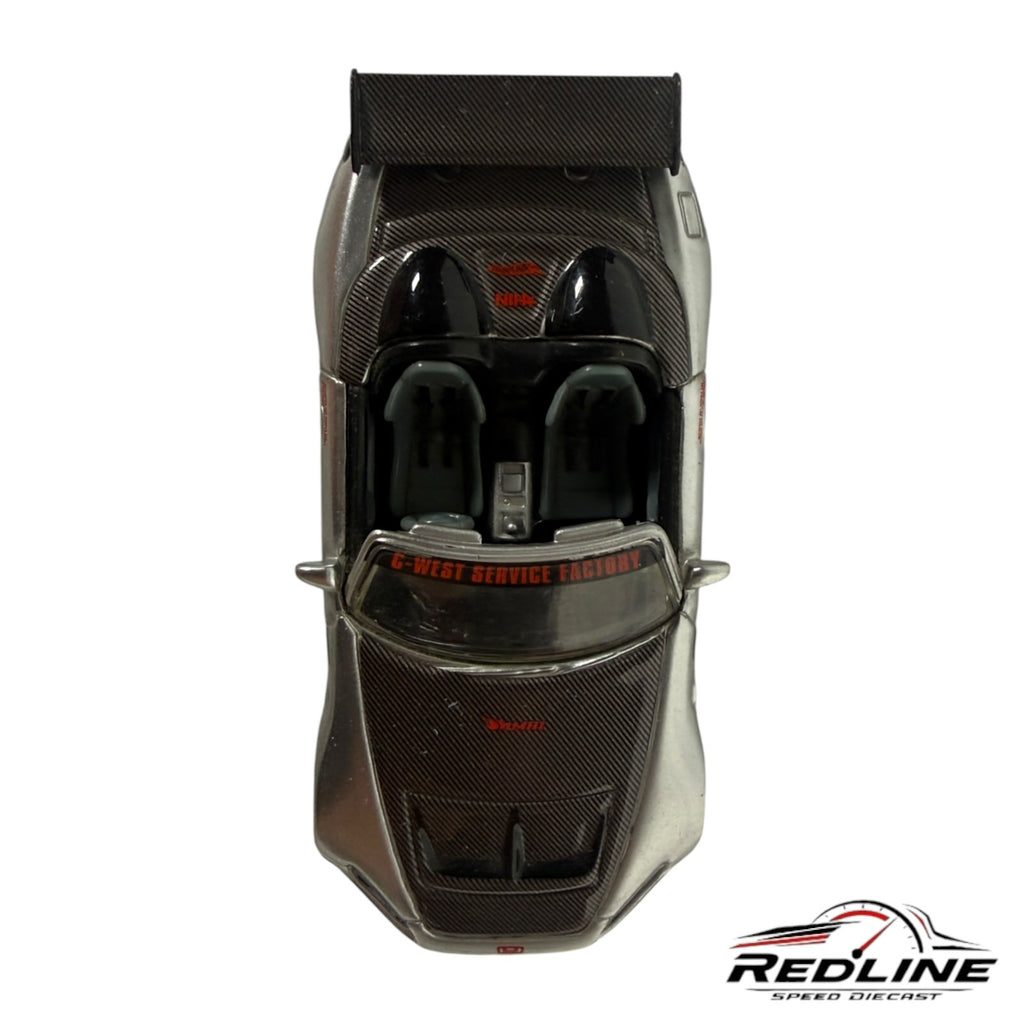 Redline Speed Diecast silver Honda S2000 convertible model with carbon fiber hood, rear wing, and bucket seats.