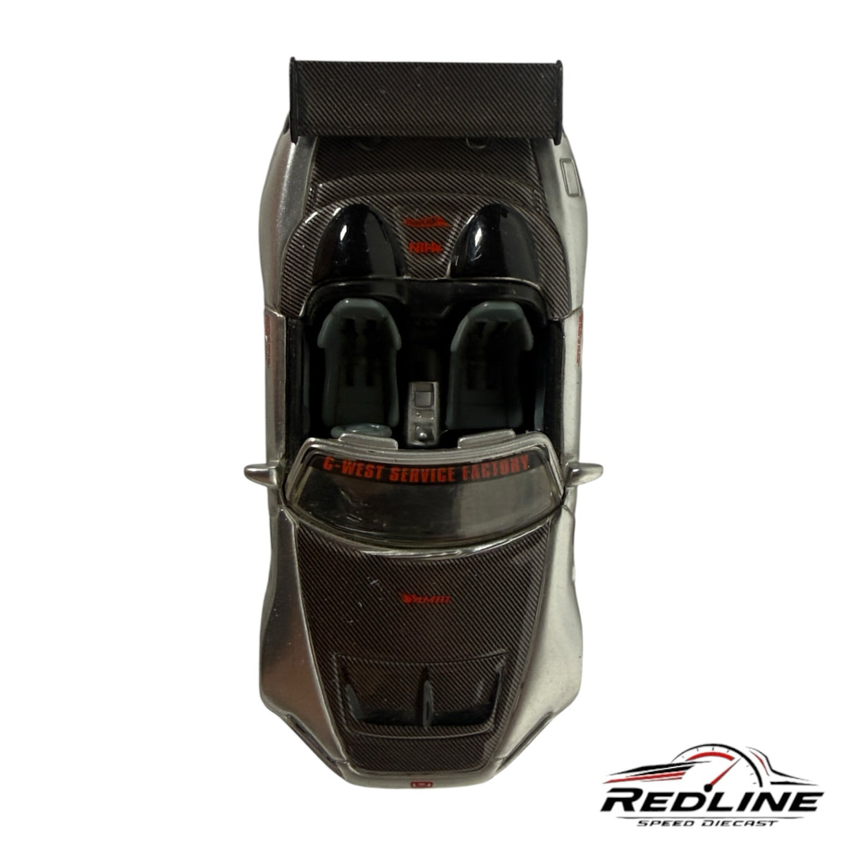 Redline Speed Diecast silver Honda S2000 convertible model with carbon fiber hood, rear wing, and bucket seats.