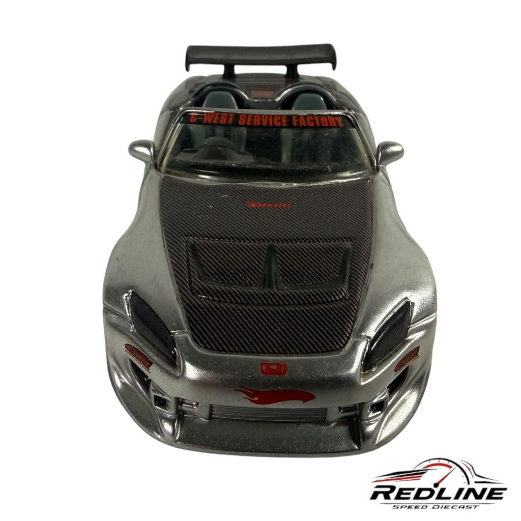 Redline Speed Diecast silver Honda S2000 model car with carbon-fiber-look hood and C-West Service Factory banner