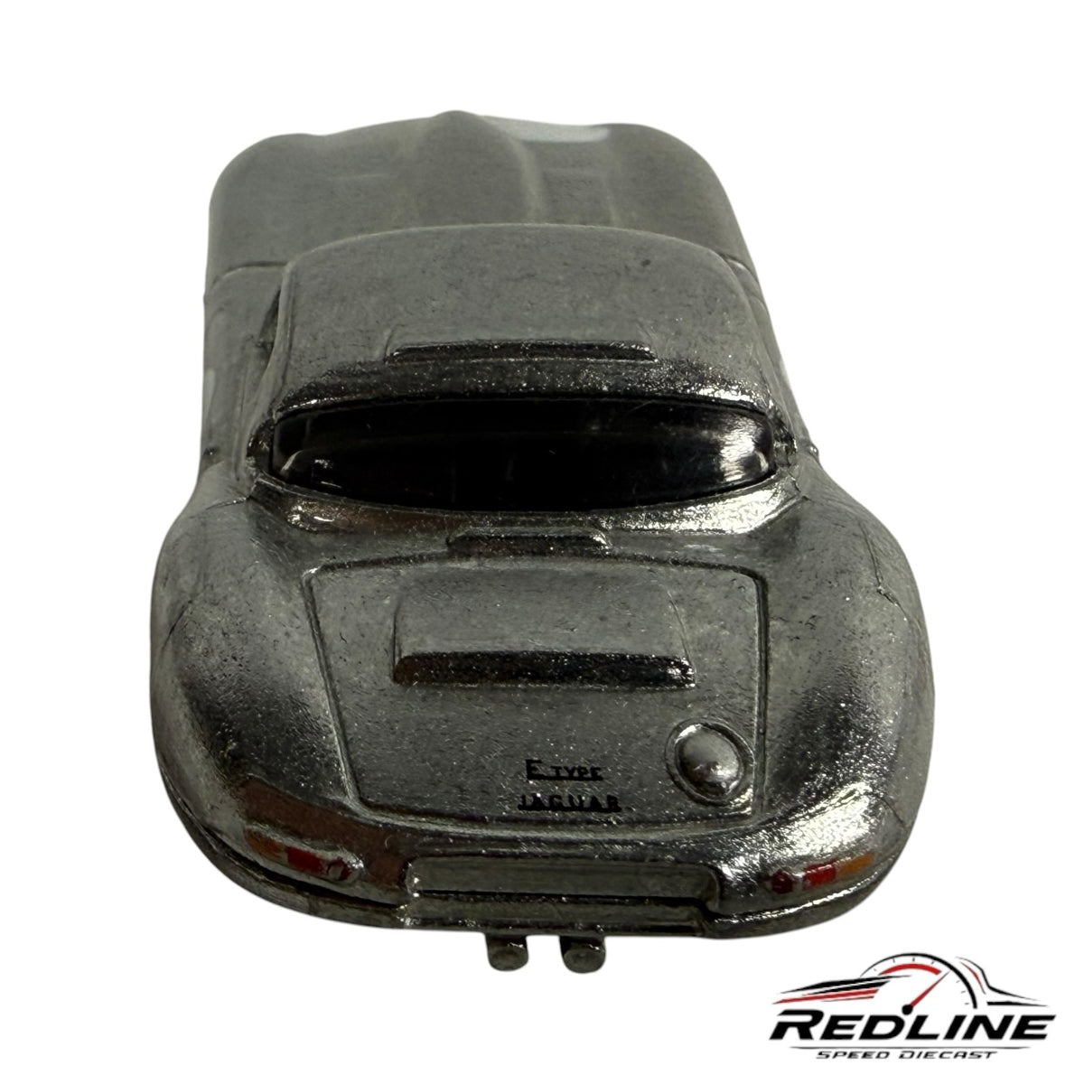 Redline Speed Diecast silver Jaguar Lightweight E-Type model car, rear view showing metallic finish and detailing.