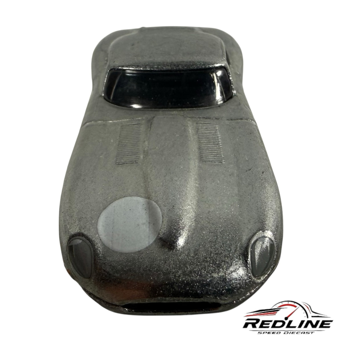 Redline Speed Diecast silver Jaguar Lightweight E-Type model car with a racing roundel on the hood