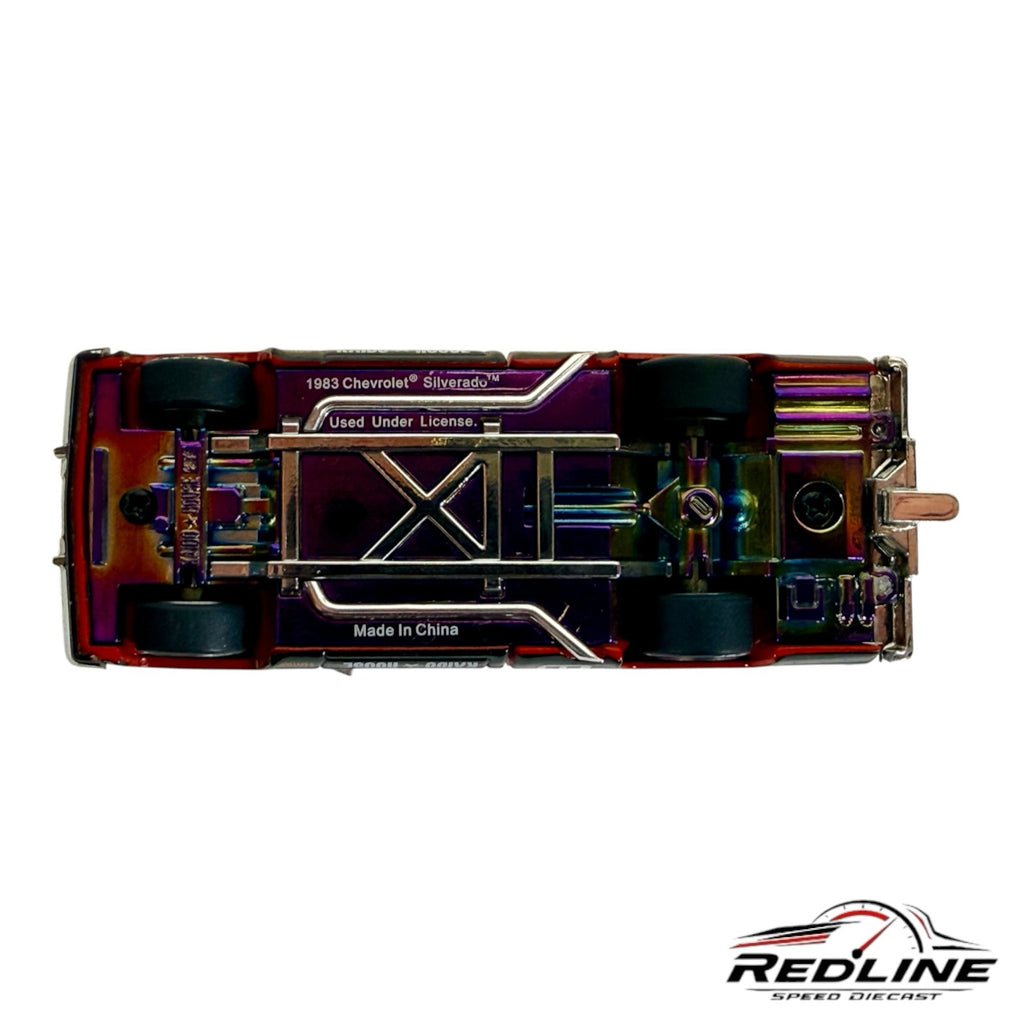 Redline Speed Diecast 1983 Chevrolet Silverado model showing the iridescent metal chassis and detailed undercarriage