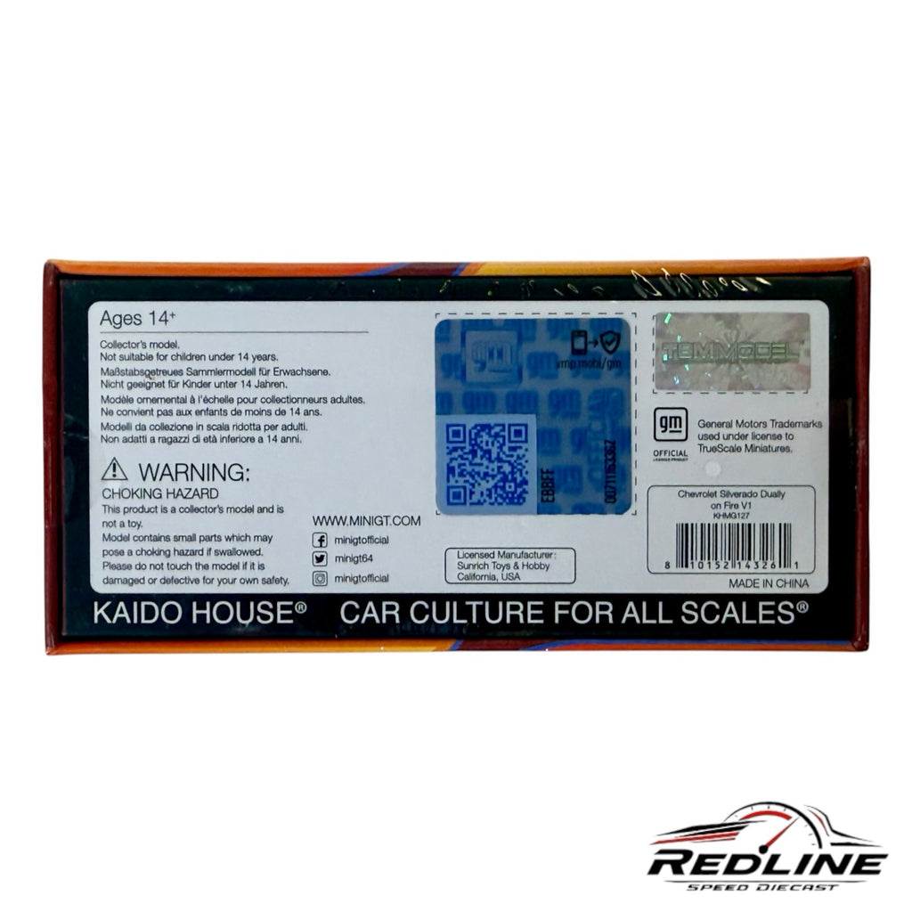 Redline Speed Diecast packaging back for Kaido House Mini GT Chevrolet Silverado Dually On Fire V1 model truck