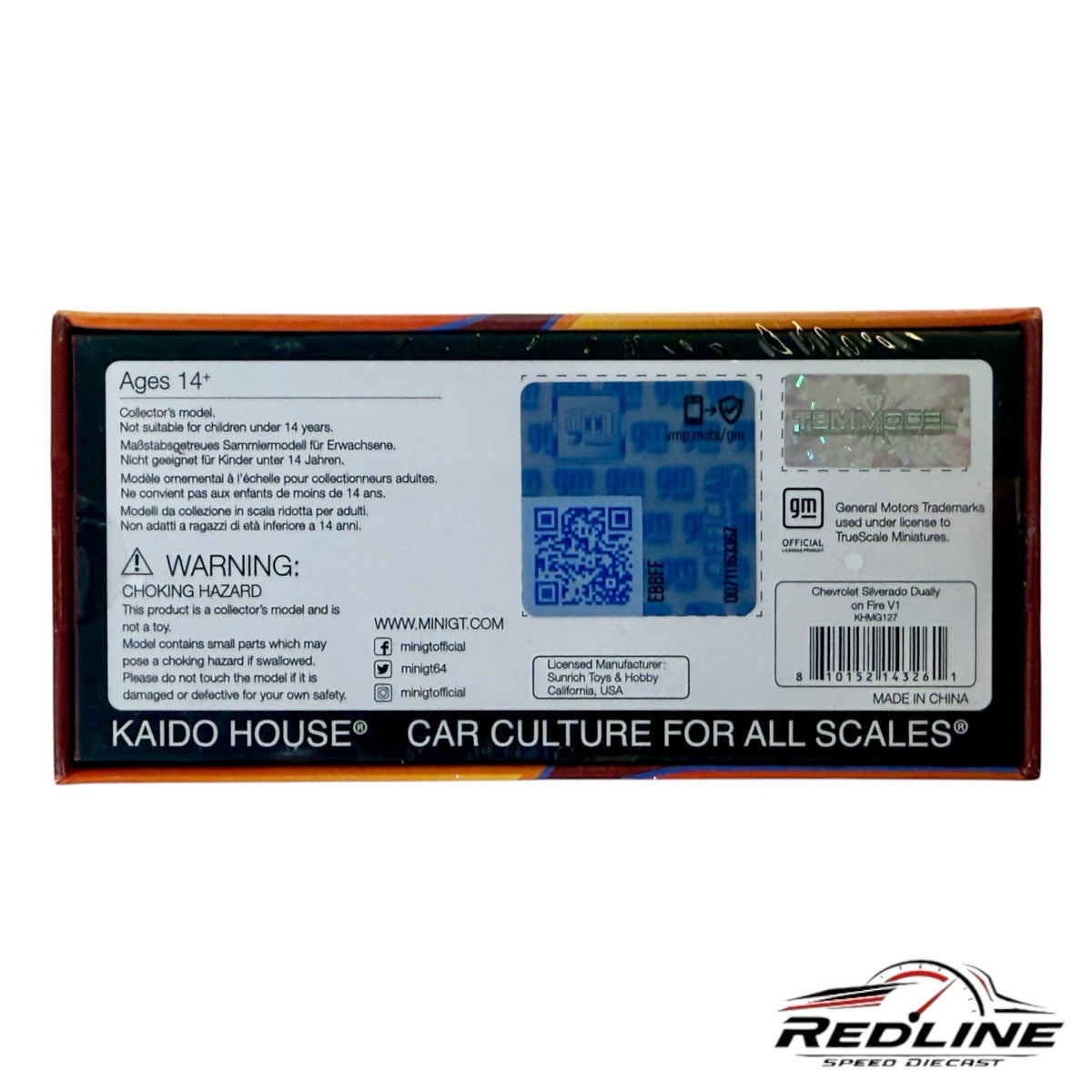 Redline Speed Diecast packaging back for Kaido House Mini GT Chevrolet Silverado Dually On Fire V1 model truck