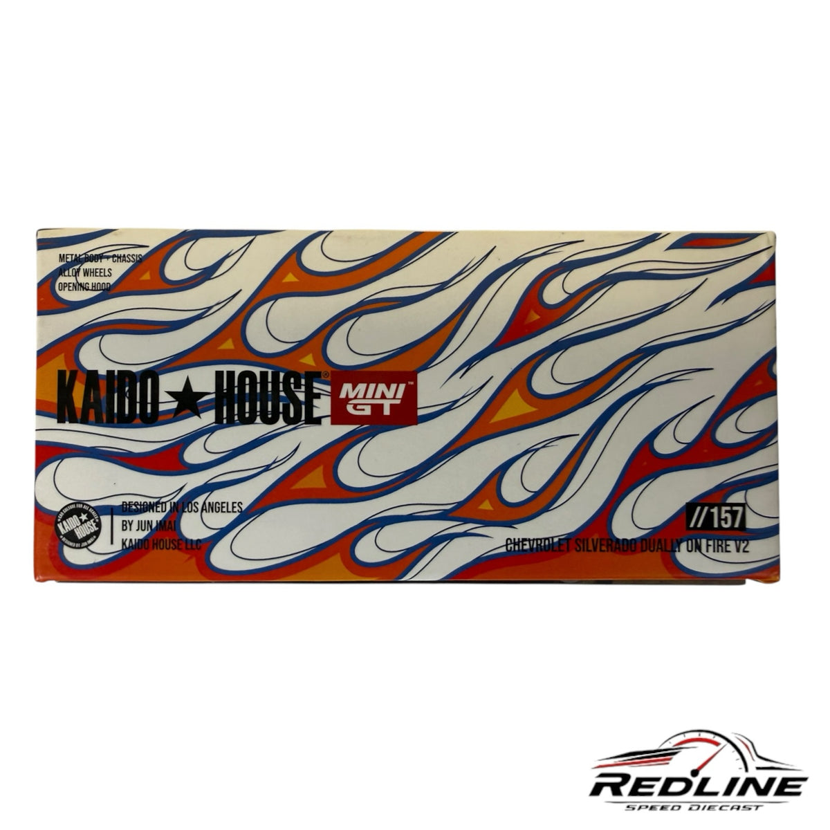 Redline Speed Diecast packaging for the Kaido House Mini GT Chevrolet Silverado Dually featuring flame graphics