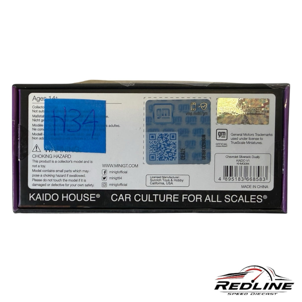 Redline Speed Diecast packaging box for Kaido House Chevrolet Silverado Dually model with GM holographic sticker