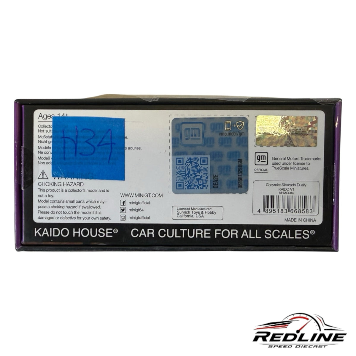 Redline Speed Diecast packaging box for Kaido House Chevrolet Silverado Dually model with GM holographic sticker