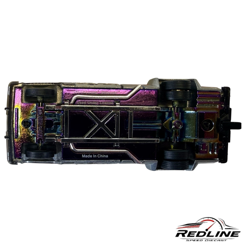 Redline Speed Diecast Chevrolet Silverado Sumatran Rhino model truck showing the iridescent metal chassis underside