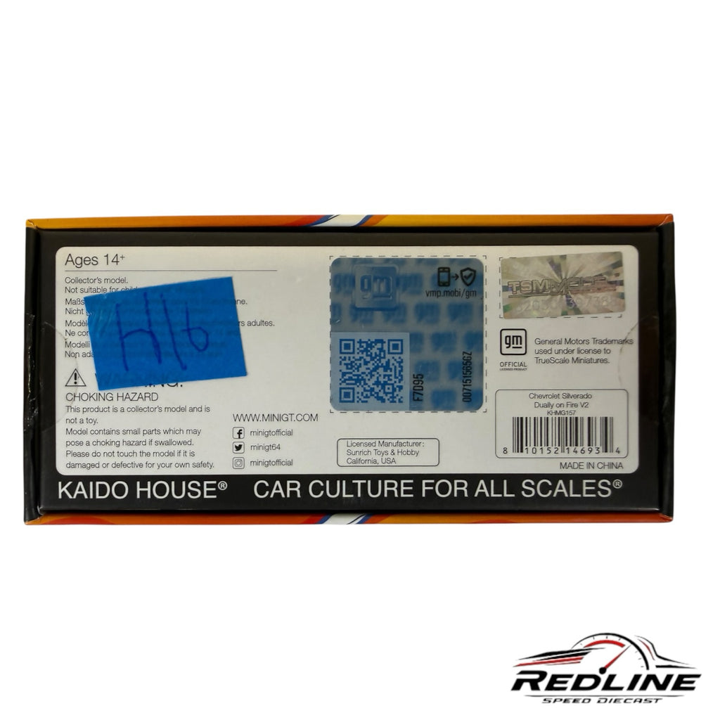 Redline Speed Diecast packaging back for KAIDO HOUSE MINI GT Chevrolet Silverado Dually model truck