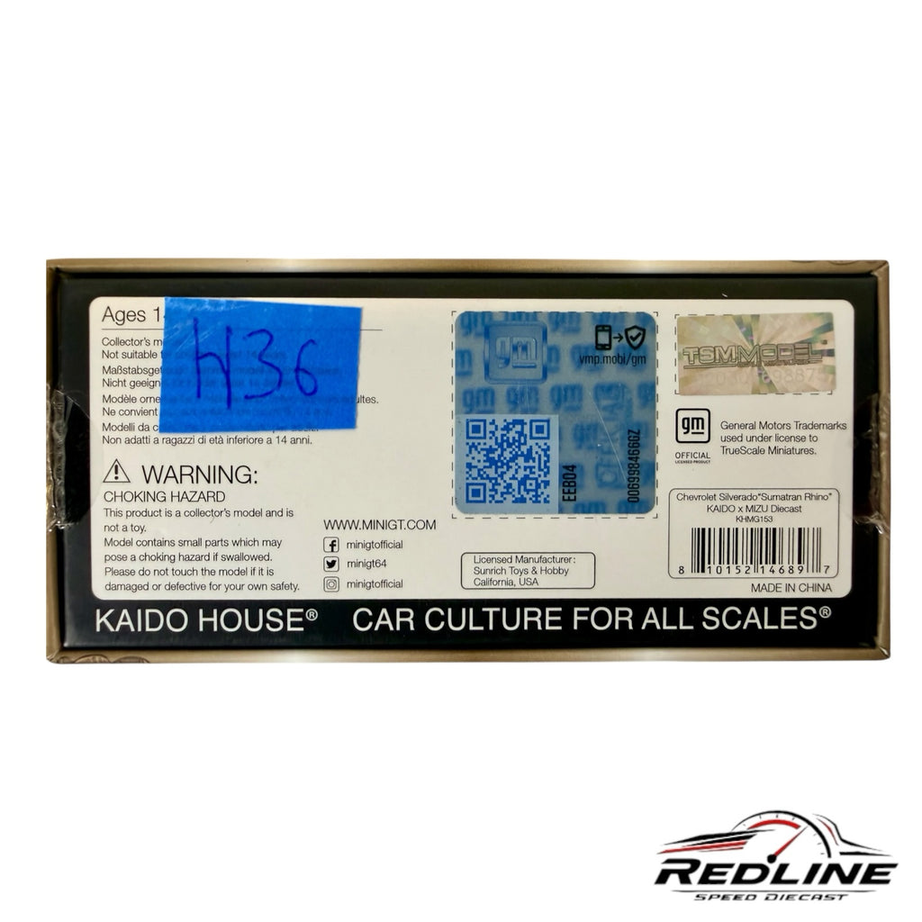 Redline Speed Diecast packaging back for Kaido House Chevrolet Silverado Sumatran Rhino 1:64 scale model truck
