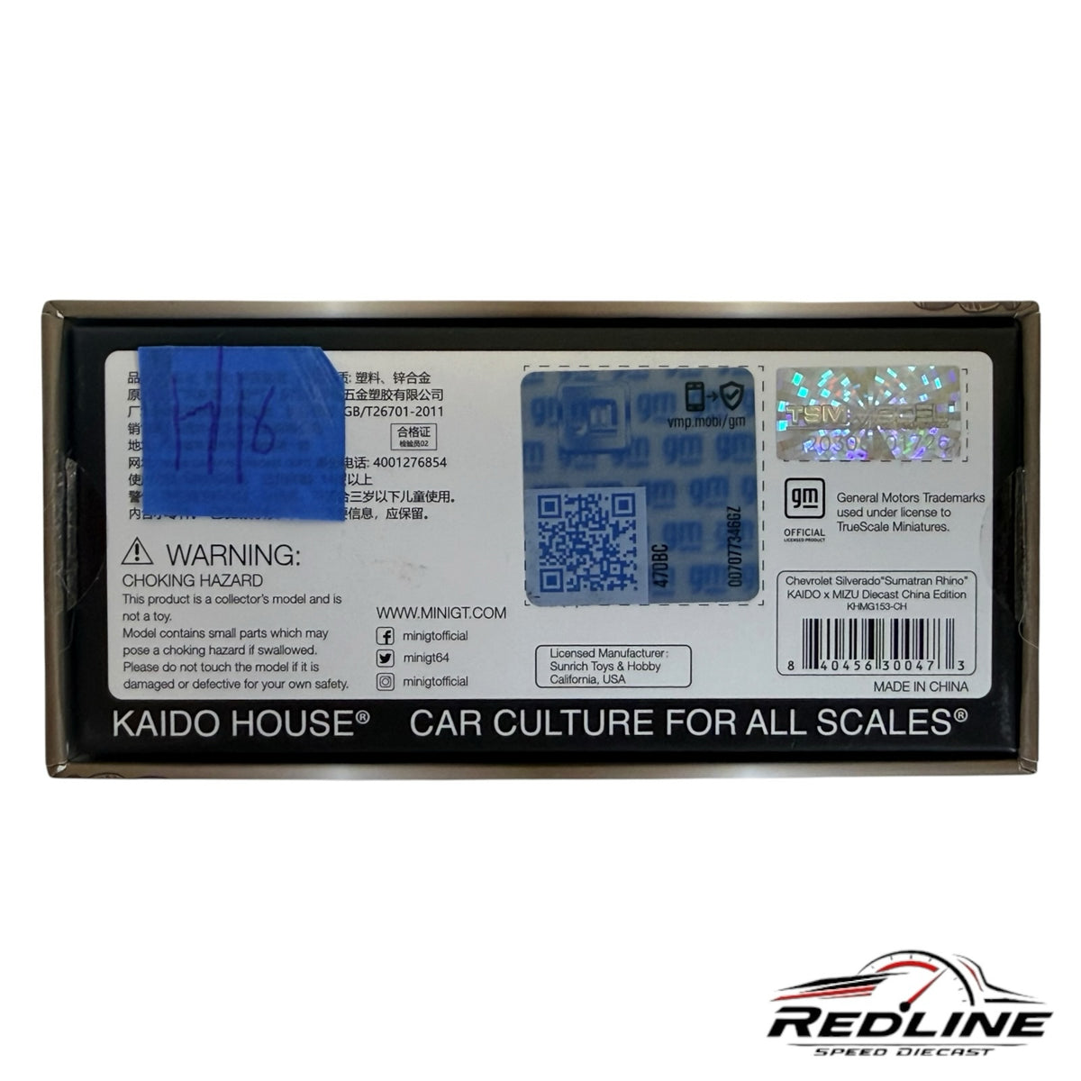 Redline Speed Diecast packaging box for the Kaido House x Mini GT Chevrolet Silverado Sumatran Rhino model truck