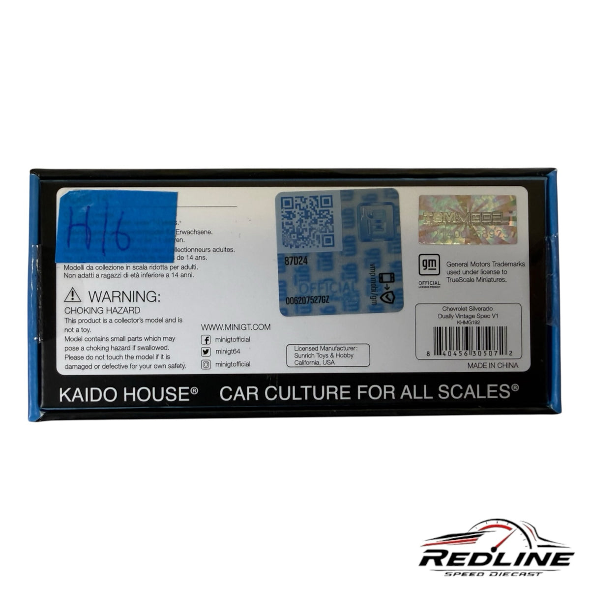 Redline Speed Diecast packaging box for Kaido House Mini GT Chevrolet Silverado Dually Vintage Spec model