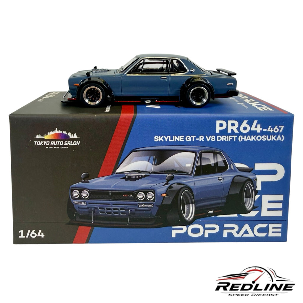 Redline Speed Diecast 1/64 scale blue Hakosuka Skyline GT-R V8 drift model car with wide-body kit on display box
