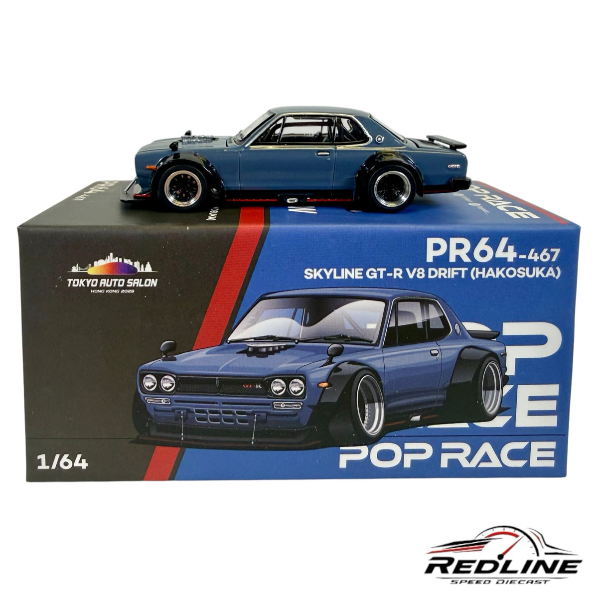 Redline Speed Diecast 1/64 scale blue Hakosuka Skyline GT-R V8 drift model car with wide-body kit on display box