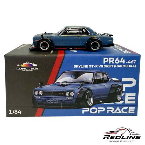 Redline Speed Diecast 1/64 scale blue Hakosuka Skyline GT-R V8 drift model car with wide-body kit on display box