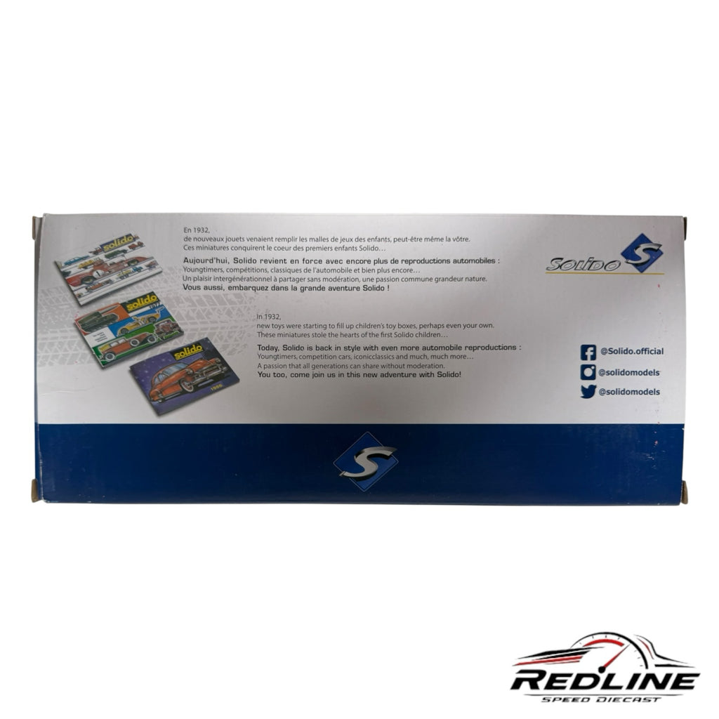 Redline Speed Diecast Solido Volkswagen Caddy Mk1 model packaging box with brand history and social media icons